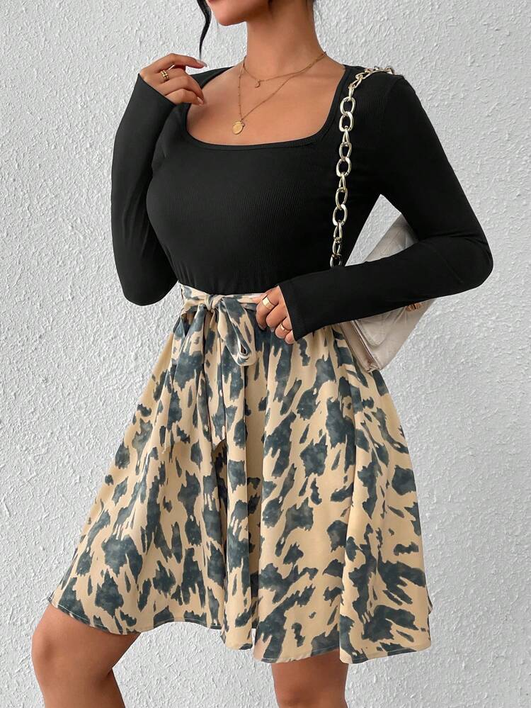 Patchwork Printed Round Neck Waist-Cinching Long Sleeve Dress Winter Casual