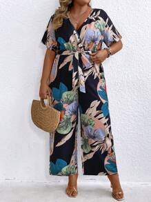 SHEIN Clasi Women's Plus Size Tropical Print V-Neck Jumpsuit