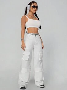 SHEIN EZwear 女士纯色多口袋宽腿宽松休闲工装裤 - 灰色 - 查看 5