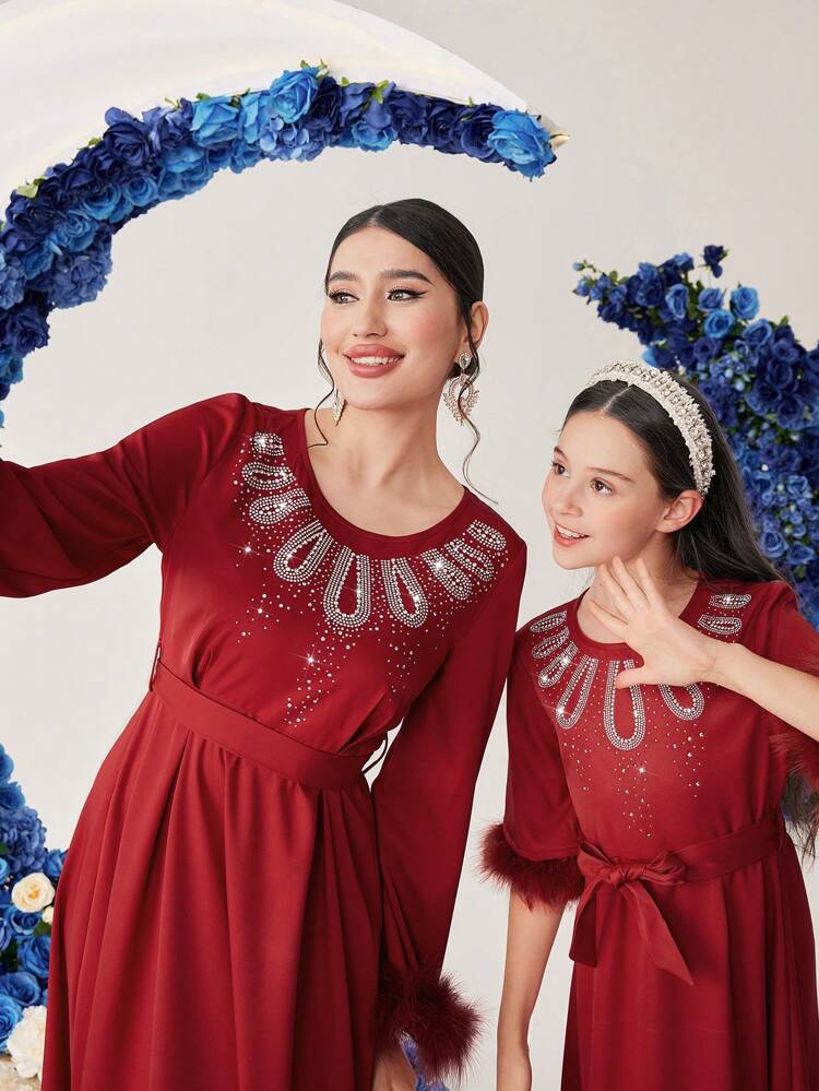 Women's Rhinestone Inlaid Plush Sleeve Cuffs Patchwork Dress, Elegant Evening Party Dress Long Evening Dresses