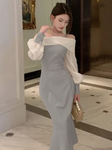 DAZY Women's Off-Shoulder Mermaid Style Dress,Fall Dress - Blue - View 3