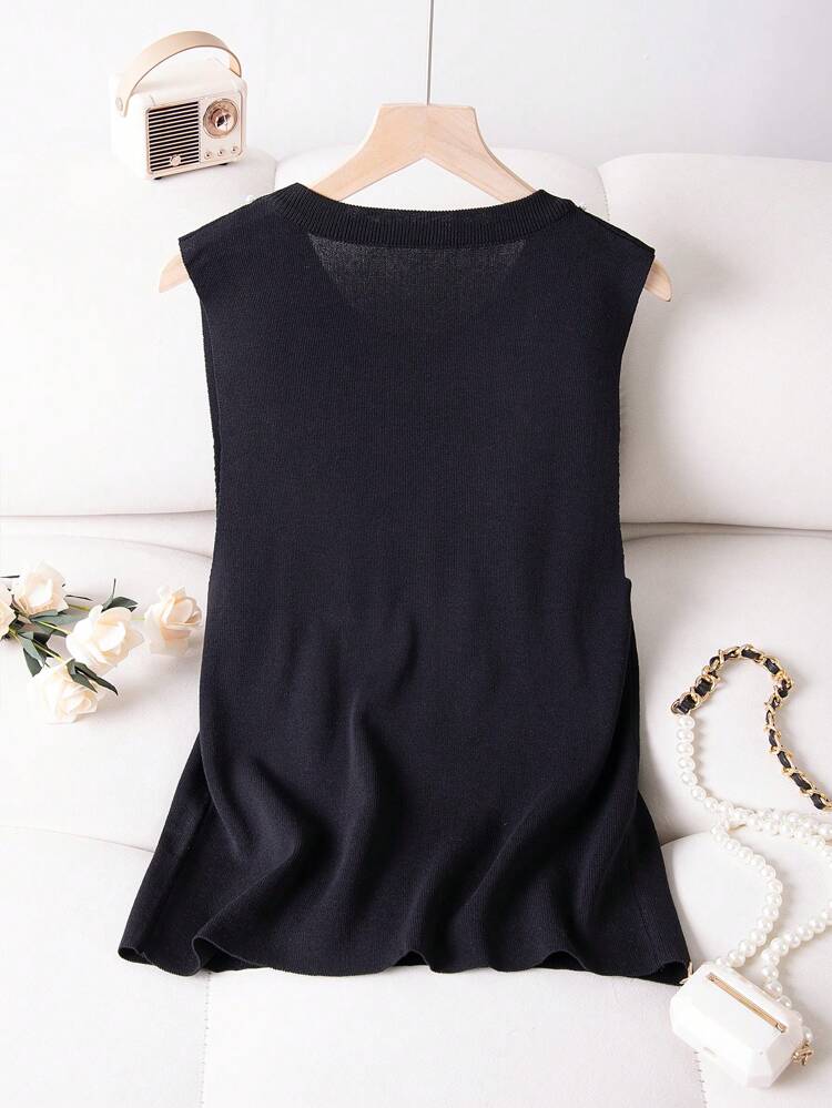 Plus Size Women's Knitted Sleeveless Top With Pearl Embellishment