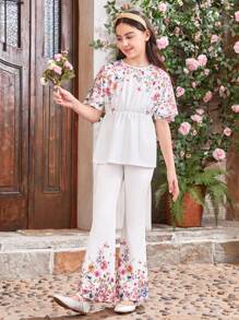 SHEIN Tween Girl Round Neck Back Button Droplets Batwing Short Sleeve Shirt & Flared Pants Set With Fruit Pattern And Matching Mommy And Me Outfits (Two Sets Sold Separately) - White - View 4