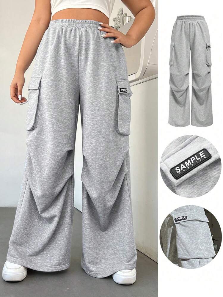 Plus Elastic Waist Letter Patched Flap Pocket Wide Leg Pants