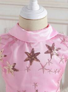 Vestido Rosado De Jacquard Para Niña Con Estrellas, Cuello De Lazo, Estilo De Princesa, Ideal Para Fiesta De Cumpleaños/fiesta/boda/festival/actuaciones