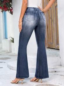 SHEIN LUNE Women's Cat Whisker Flared Jeans In Washed Denim - Dark Wash - View 2