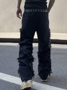 Manfinity EMRG Loose Fit Men's Solid Color Frayed Edge Jeans Without Belt, Grunge - Black - View 6