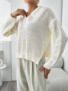 EURMUSE Pull En Tricot À Col Polo Pour Femme - Beige - Voir 4