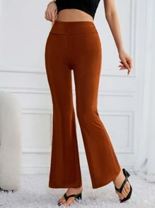 SHEIN Essnce Women's Casual Terracotta Color Fold Over Waist Flared Flared Low Rise Pants For Spring - Brown - View 3