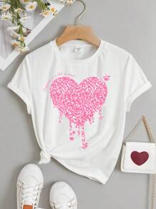 紅心/粉紅心/補間女童休閒簡約圓領短袖t卹,適合夏季 - 白色 - 查看 1