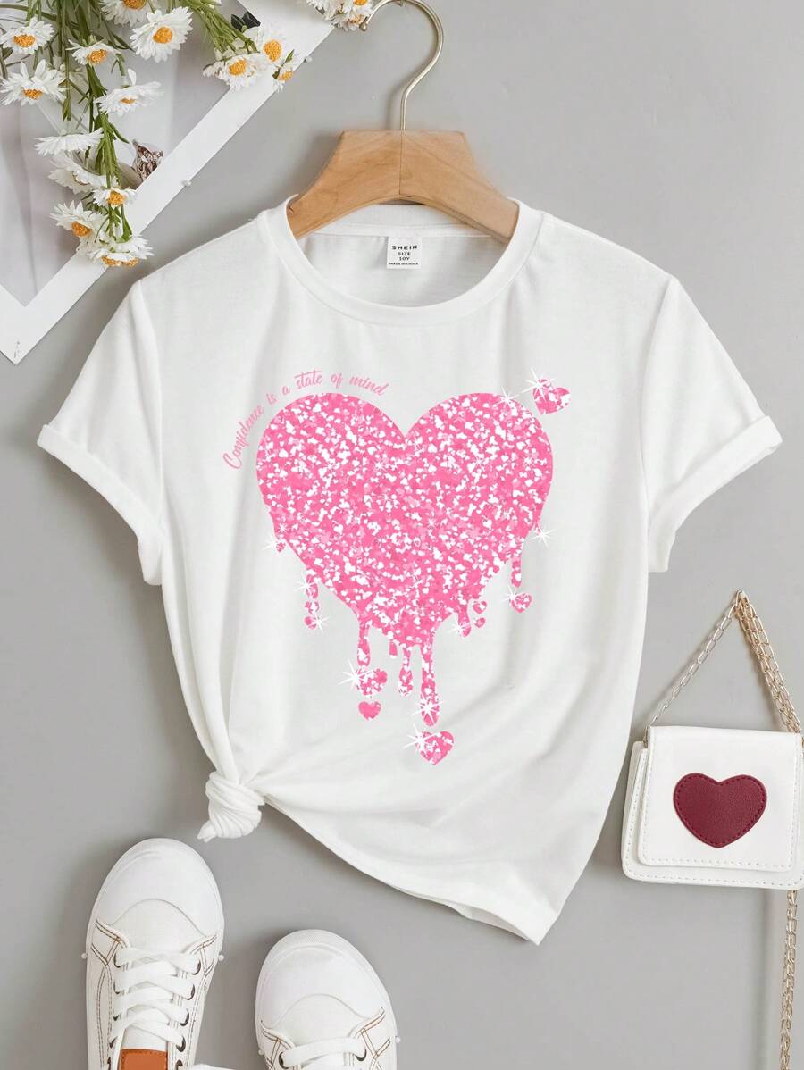 紅心/粉紅心/補間女童休閒簡約圓領短袖t卹,適合夏季 - 白色 - 查看 1