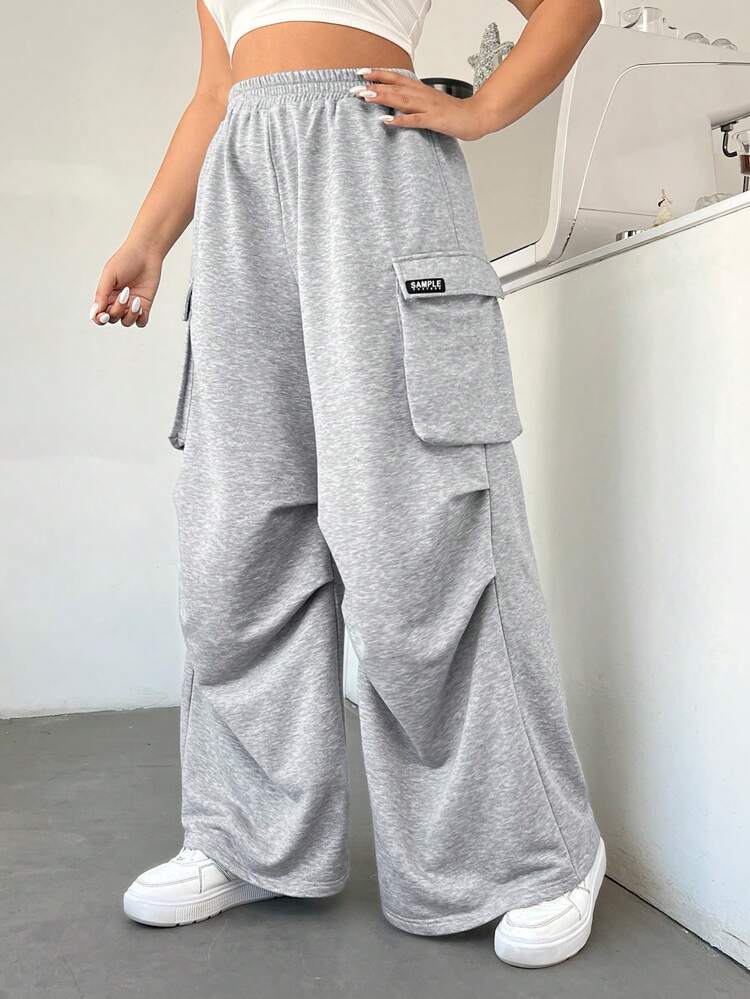 Plus Elastic Waist Letter Patched Flap Pocket Wide Leg Pants