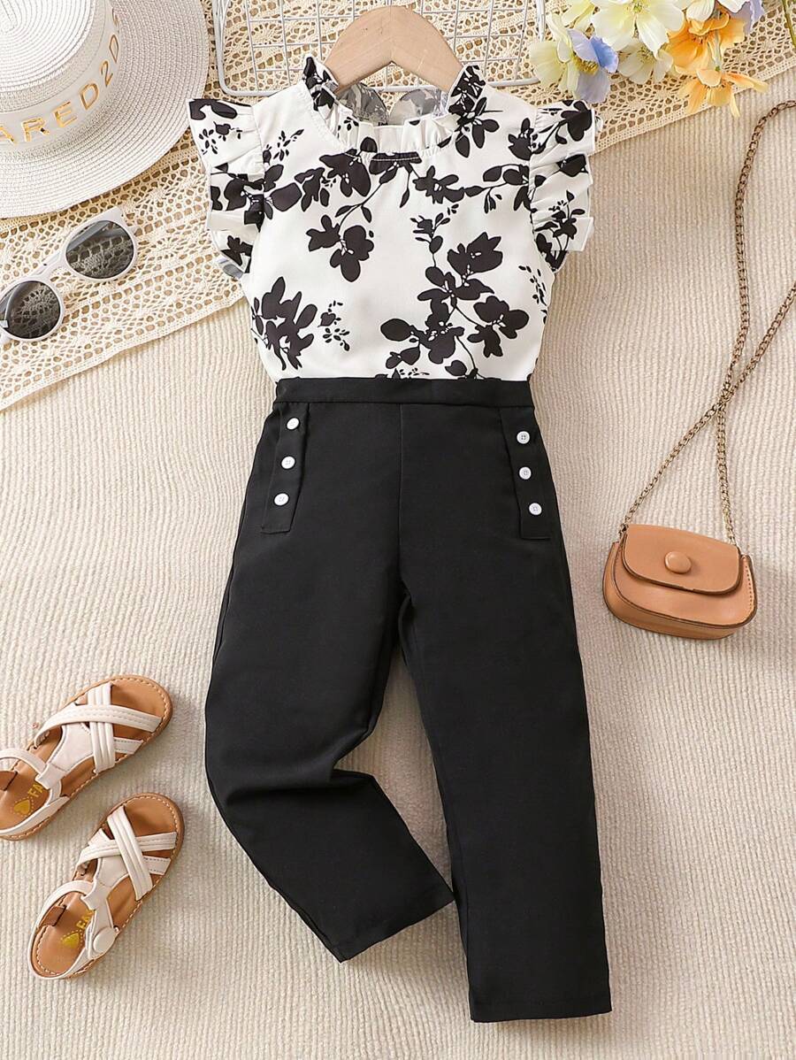 SHEIN Young Girls' Floral Printed Cap Sleeve Top And Pants Set