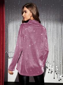 SHEIN BAE Ladies' Metallic Lurex Drop Shoulder Shirt - Hot Pink - View 2