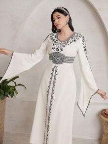 Al Najma Women's V-Neck Asymmetrical Flared Sleeves Dress  Dresses - Apricot - View 9
