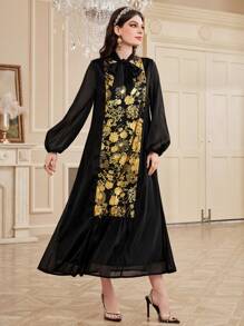 Al Najma 女士拼接花卉印花連衣裙,蝴蝶結領口和燈籠袖 - 彩色 - 查看 7