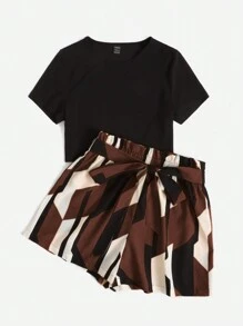 SHEIN Essnce Women's Solid Short Sleeve T-Shirt And Printed Shorts Two Piece Set - Brown - View 3