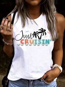 INAWLY Women's Vacation Style Coconut Tree Print Sleeveless Top Graphic Tees Women Tops - White - View 1