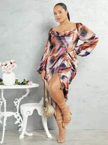 SHEIN BAE Vestido Plus Size Manga Lanterna Com Gola Drapeada E Estampa Completa Padrão - Roxo - Visão 5