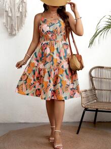 SHEIN LUNE 女款大尺寸熱帶印花收腰細肩帶洋裝 - 彩色 - 查看 3