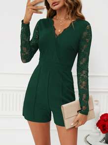 SHEIN Clasi 女士v領蕾絲拼接連身短褲 - 墨綠色 - 查看 1