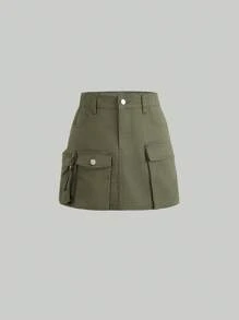 Jupe utilitaire en jean de couleur unie pour adolescentes - Militaire verte - Voir 1