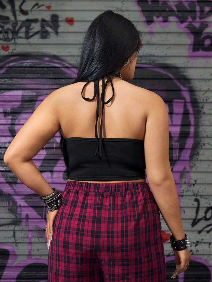 Our Grunge Punk Plus Size Women'S Splice Mesh Halterneck Printed