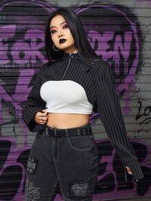 Grunge Punk Women's Plus Size Super Cropped Striped Jacket With Metal Button - Black - View 4
