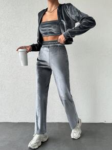 EURMUSE 3pcs Women Casual Solid Color Tube Top Hoodie And Pants Set - Silver - View 1