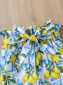 SHEIN Young Girl Ruffle Top With Ruffle Trim And Lemon Print Shorts Set