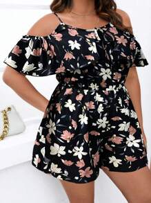 SHEIN Clasi Mono de verano con estampado floral completo, tirantes y volantes en el bajo para tallas grandes