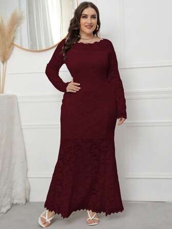 大尺碼女士花邊人魚伴娘晚禮服