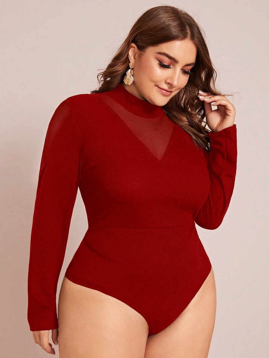 SHEIN Privé 大码女式网眼撞色长袖紧身衣 - 紅色 - 查看 1