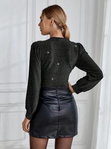 SHEIN Privé Women's Shimmer Ruffle Deep V-Neck Bodysuit - Black - View 3