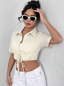 Flirla Chemise Pour Femme À Nœud À Cordon À Couleur Unie Et Raccourcie