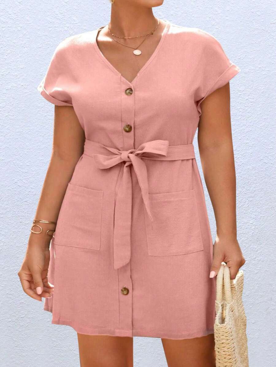 SHEIN Holidaya Kích thước lớn Của phụ nữ tay cánh Đầm Với Giường đôi tiêu chuẩn Túi - Bụi hồng - Xem 1