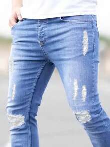 Manfinity Homme 男士修身破洞牛仔褲，貨物口袋純天藍色工作基本款丈夫款