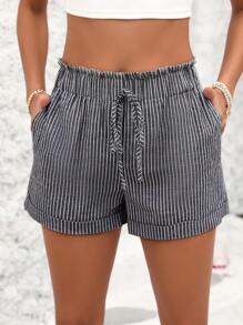 SHEIN LUNE Women's Vertical Striped Front Tie Shorts