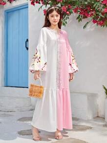 SHEIN Vestido Largo Tejido Para Niña Adolescente Con Estampado De Flores En Bloques De Color Y Mangas Tipo Farol - Multicolor - Ver 7