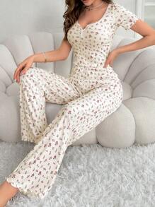 女士花卉印花蕾絲拼接睡衣套裝 - 杏色 - 查看 1