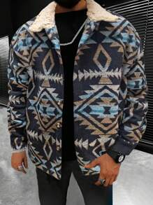 Loose-Fit Men's Color Block Geometric Pattern Lapel Jacket - Multicolor - View 1