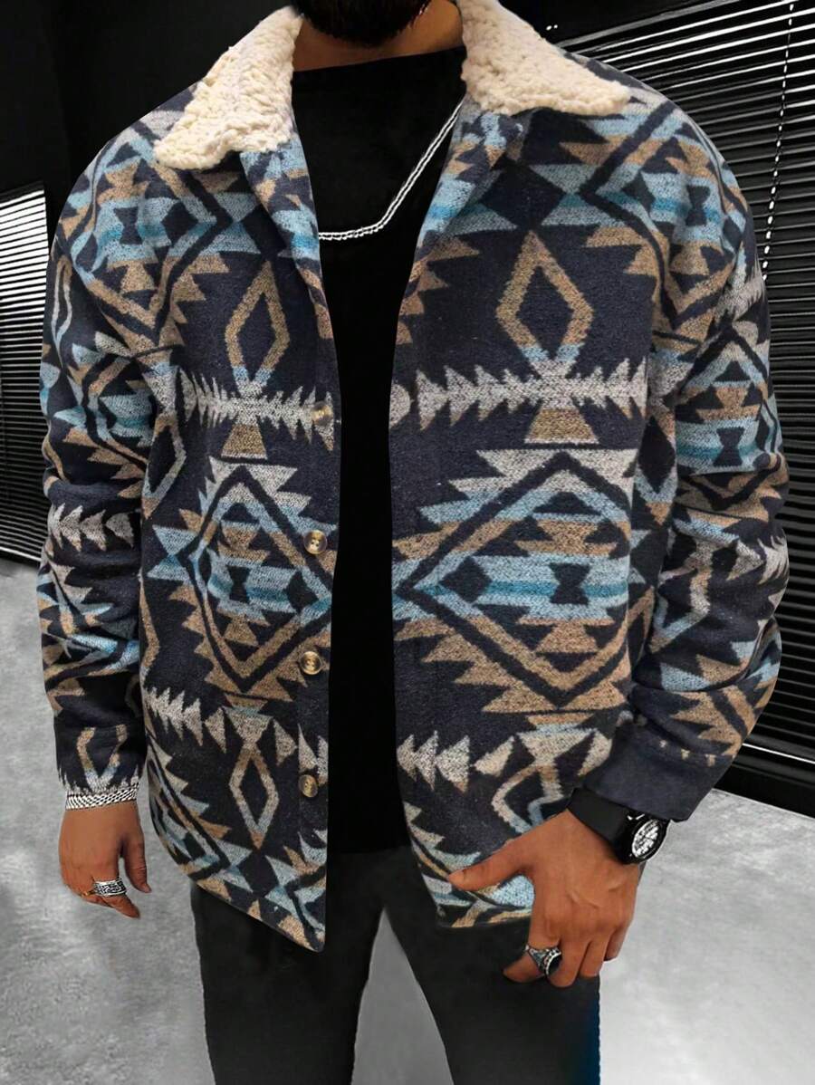 Loose-Fit Men's Color Block Geometric Pattern Lapel Jacket - Multicolor - View 1