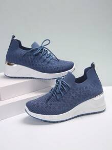 秋冬女鞋2024春季新款坡跟厚底水钻鞋大码休闲运动鞋透气时尚舒适厚底户外轻便简约纯色优雅女士步行鞋 - 藍色 - 查看 4