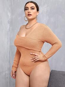 SHEIN Privé Plus Size Asymmetric Collar Long Sleeve Bodysuit - Khaki - View 5