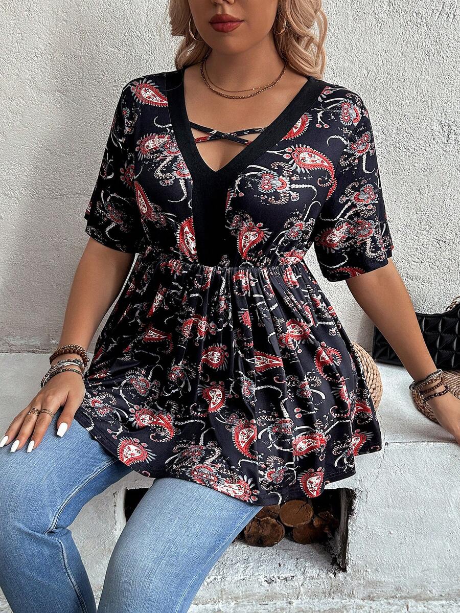 SHEIN LUNE 大尺碼女用佩斯利印花拼接襯衫 - 黑色 - 查看 1