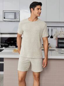 SHEIN Conjunto De Pijama De Camisa Y Pantalones Cortos De Manga Corta Informal Simple Para Hombre - Gris Claro - Ver 4