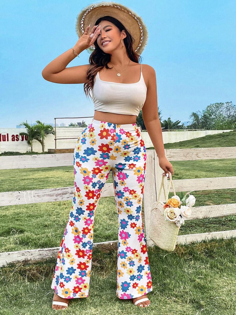 Flirla Plus Size Floral Print Bell Bottoms - Multicolor - View 1