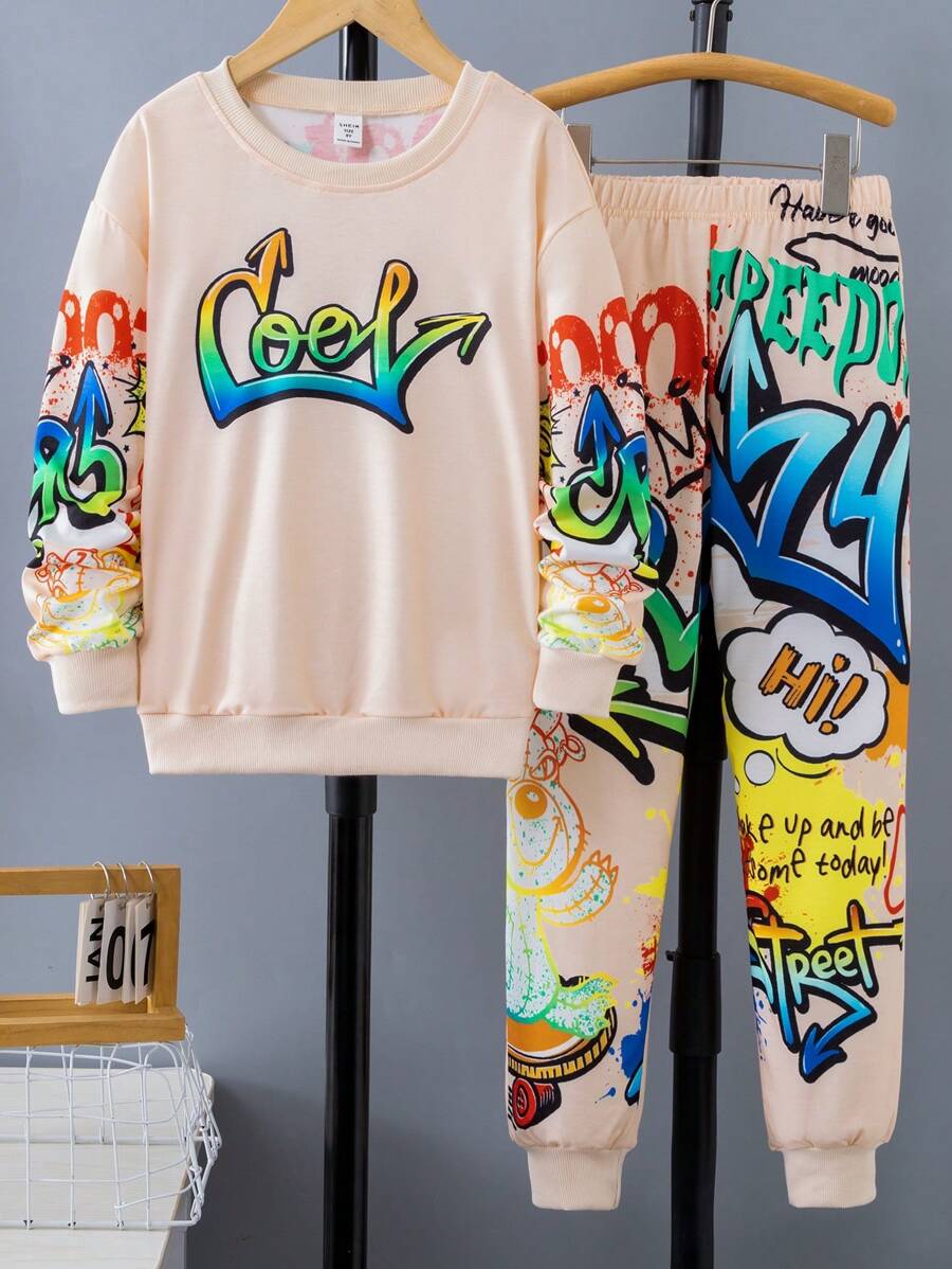 SHEIN Tween Boys' Graffiti & Letter Printed Sweatshirt And Jogger Pants Set - Apricot - View 1