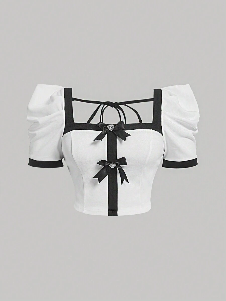 SHEIN MOD 大码泡泡袖夏季 T 恤，带水钻和蝴蝶结装饰 - 黑與白 - 查看 1