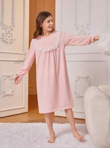 Tween Girl Simple Pink Cute Long Sleeve Long Lace-Bordered Sleep Dress With One Piece Home Wear